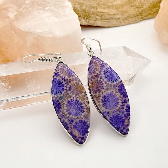 Purple Indonesian Fossil Sterling Silver 925 Gemstone Earrings - Picture 1 of 2